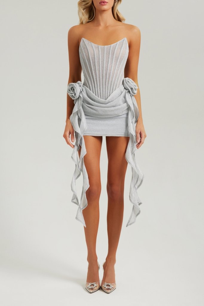 Silver lurex corset drape mini dress with flowers - HEIRESS BEVERLY HILLS