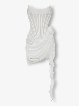 White chiffon mesh corset flower drape mini dress - HEIRESS BEVERLY HILLS