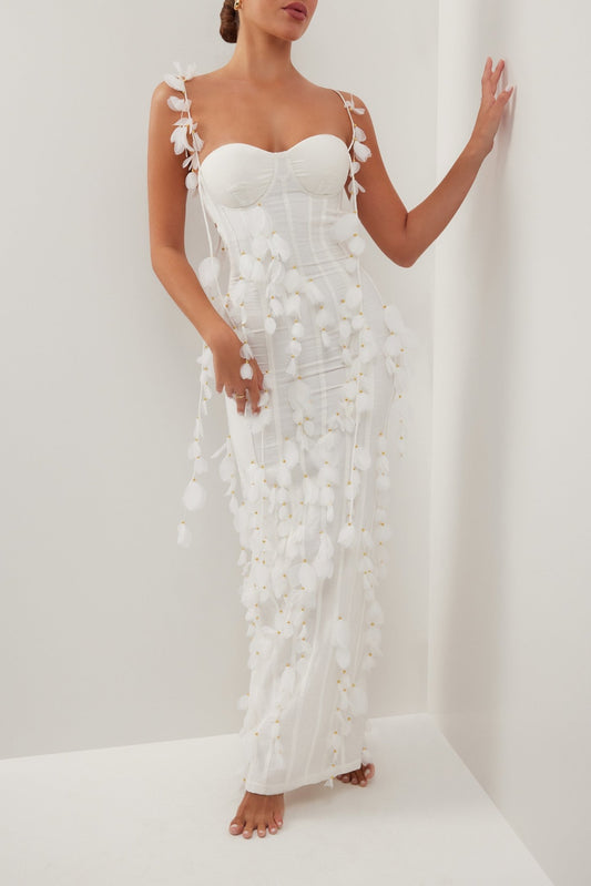 White corset petal linen maxi dress