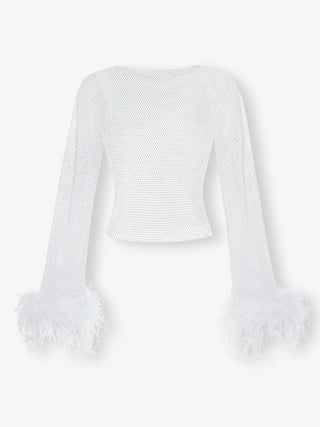 White crystal embellished mesh feather top - HEIRESS BEVERLY HILLS