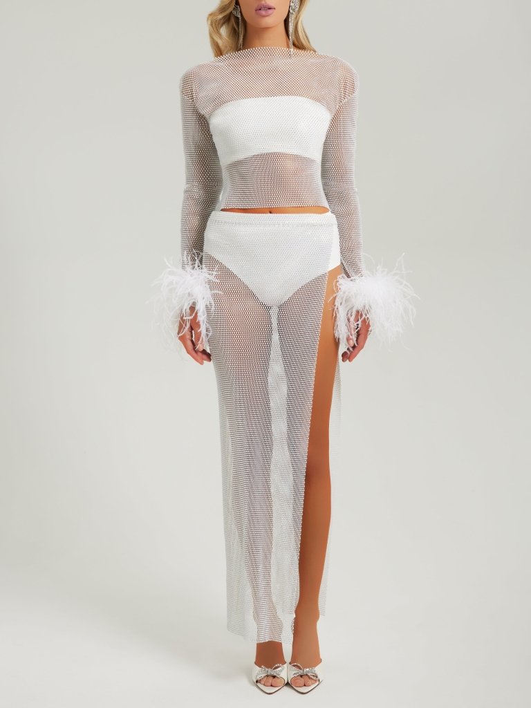 White crystal embellished mesh maxi skirt - HEIRESS BEVERLY HILLS