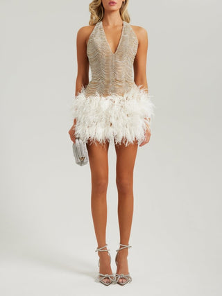 White crystal feather embellished mini dress - HEIRESS BEVERLY HILLS