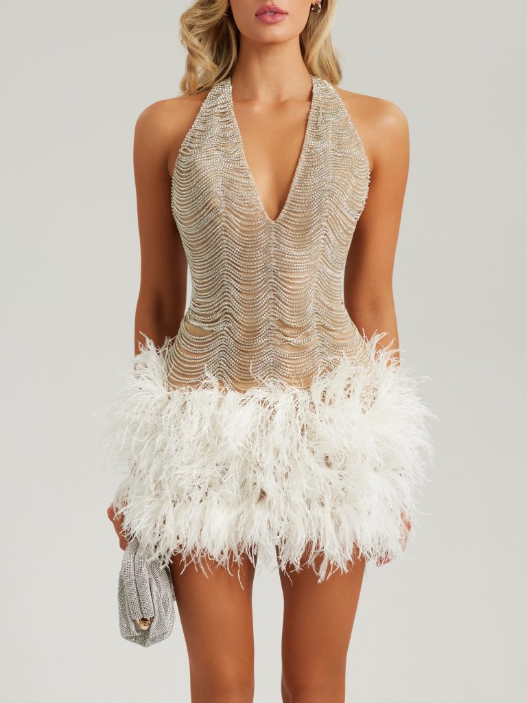 White crystal feather embellished mini dress - HEIRESS BEVERLY HILLS