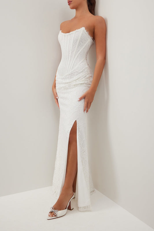 White strapless lace corset maxi dress
